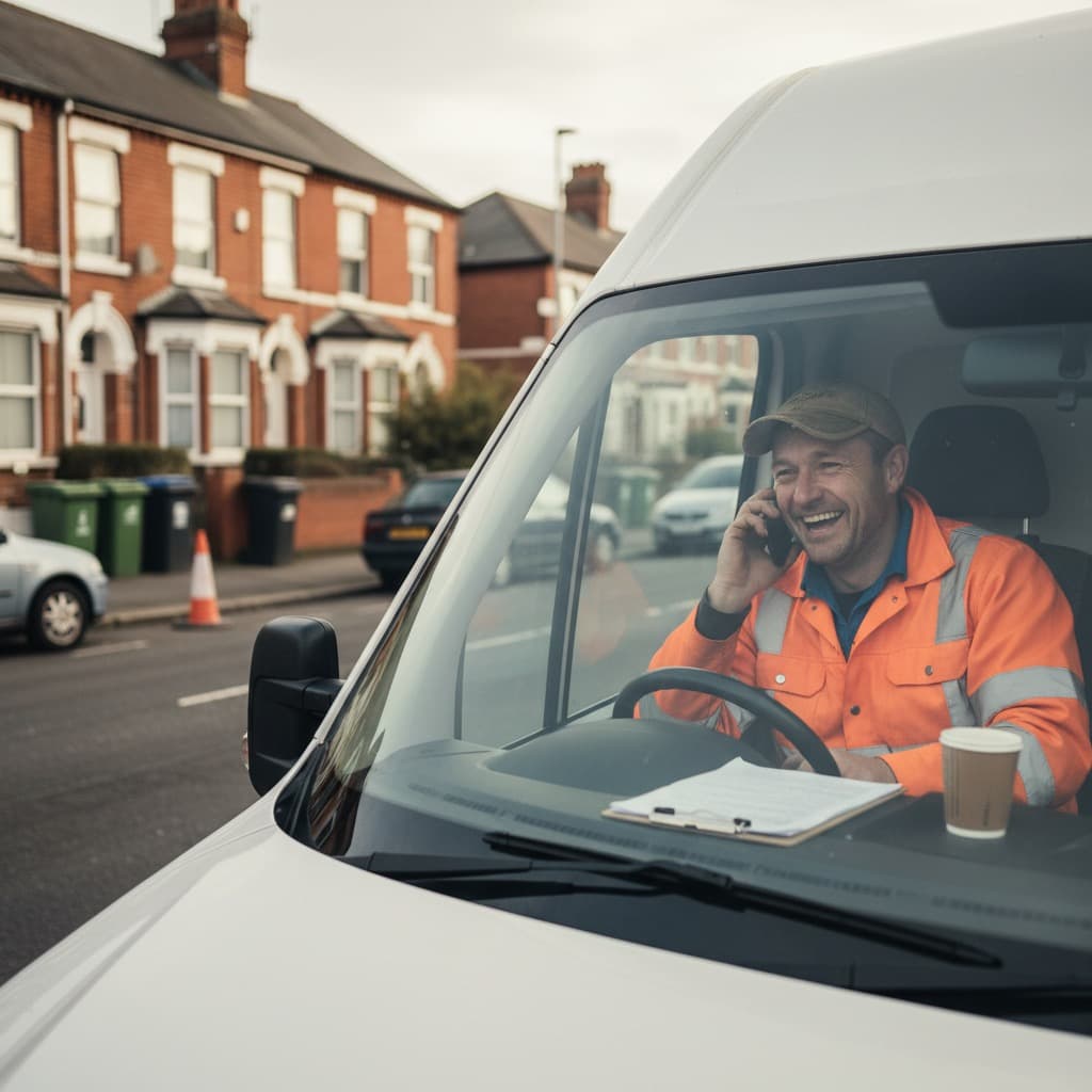 Tradesman answering phone in his van, smiling