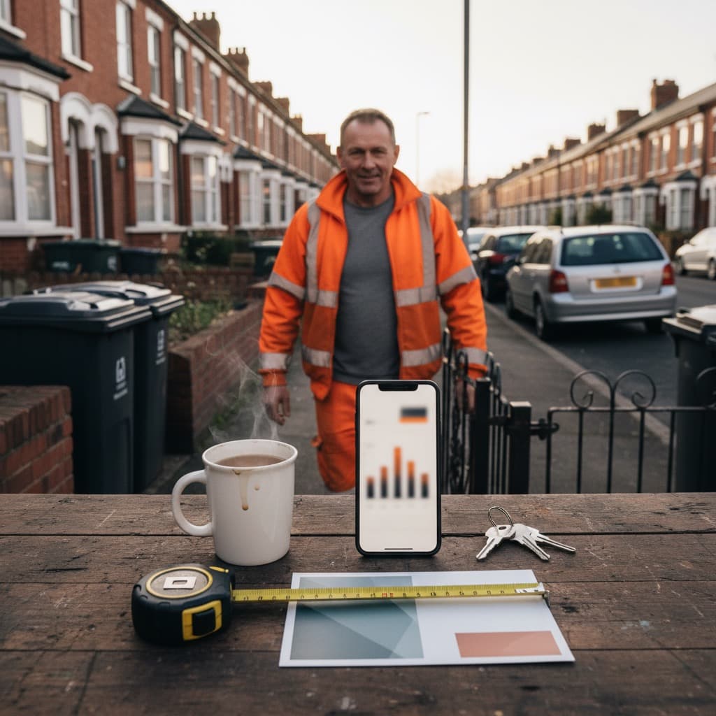 Tradesman's desk with phone showing dashboard, postcard, and tea