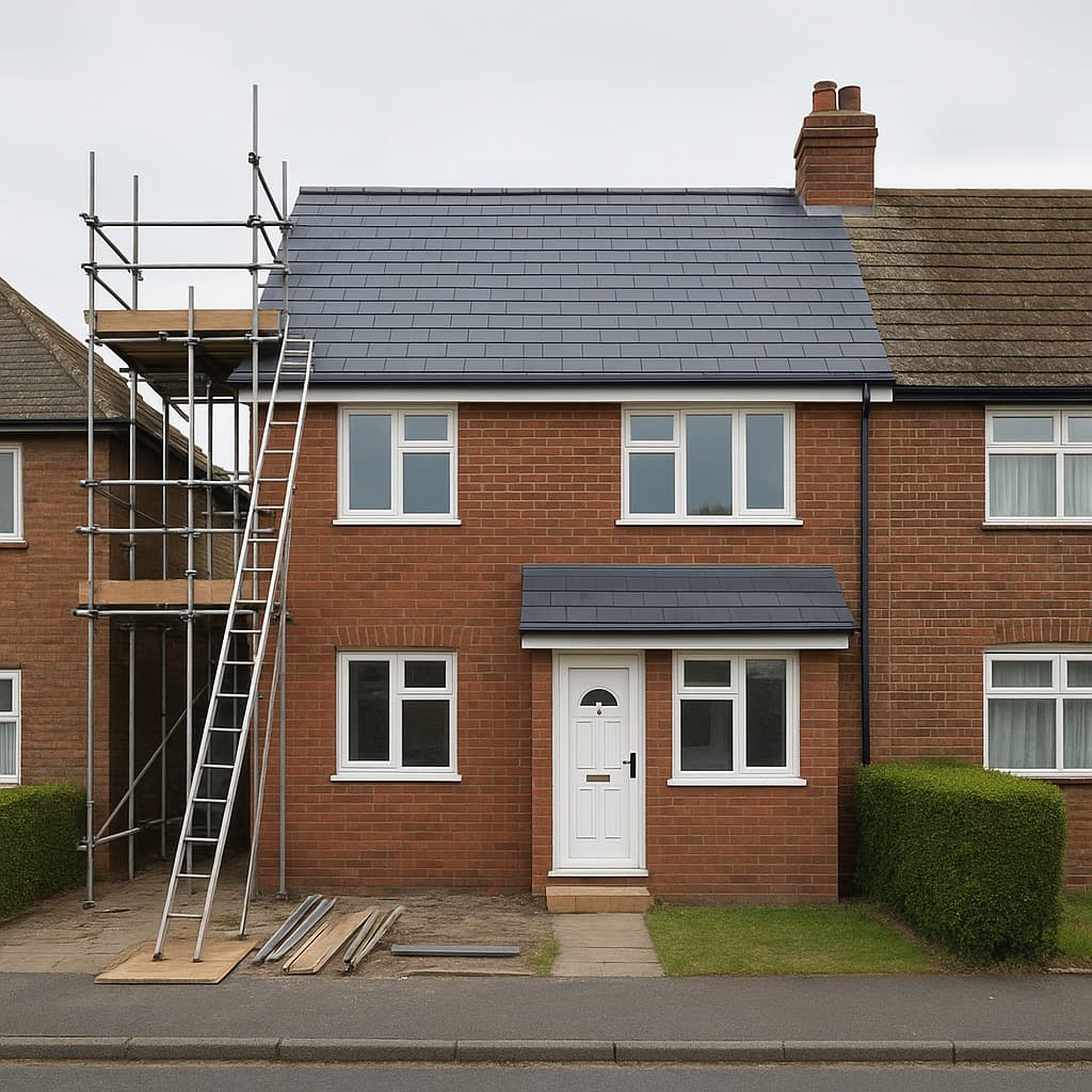 Roofers working on a UK residential street